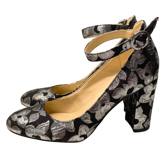 Marc Fisher Black Silver Metallic Block Heels Ankle Strap Flowers Brocade 6 - Picture 4 of 10